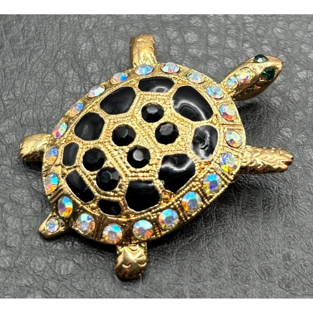 Rhinestone Turtle Pendant Brooch Black AB Aurora Borealis Crystal Gold Tone